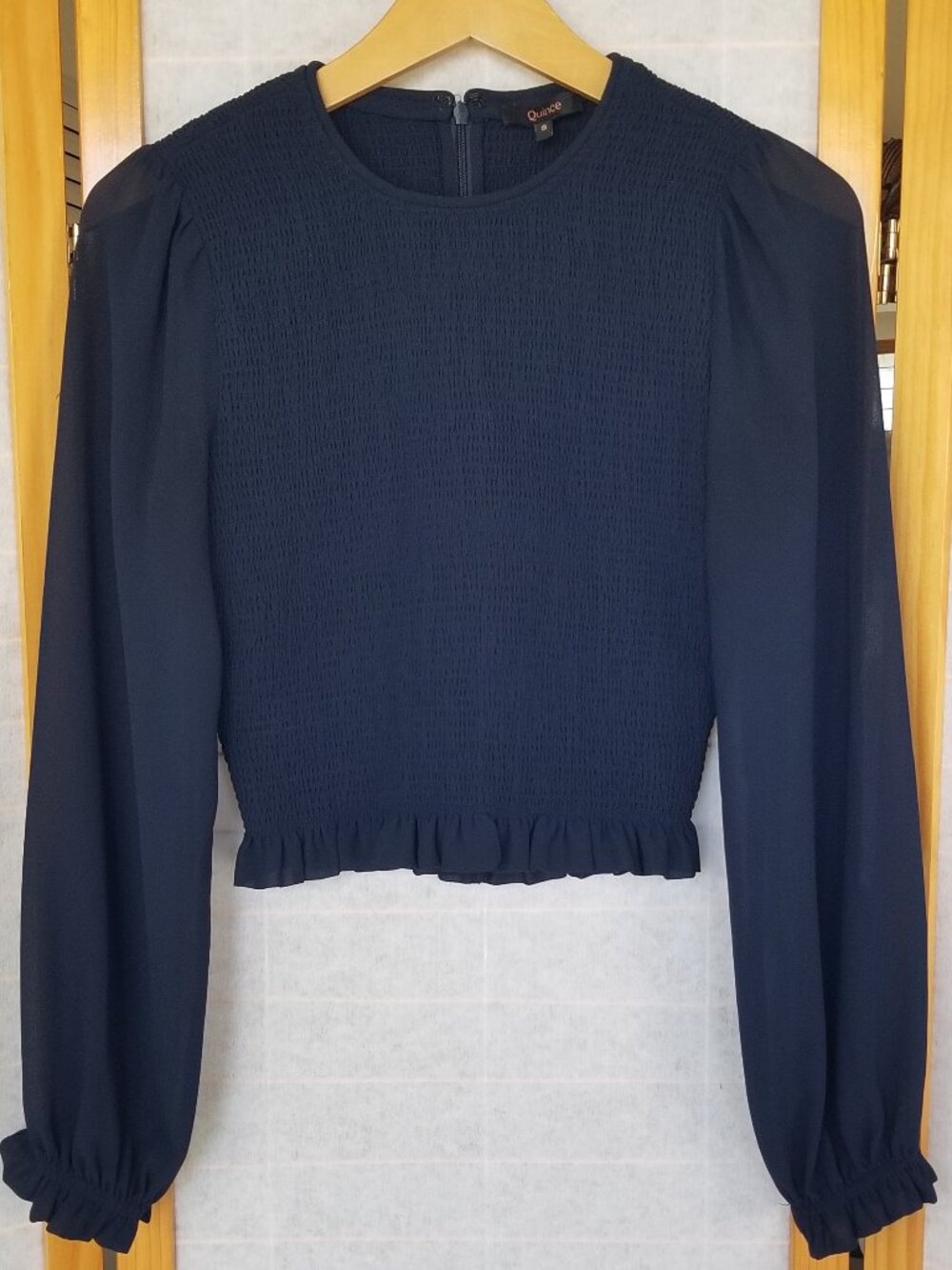 Quince Chiffon Cropped Smocked Blouse Navy Blue Size Small Long Shear Sleeves